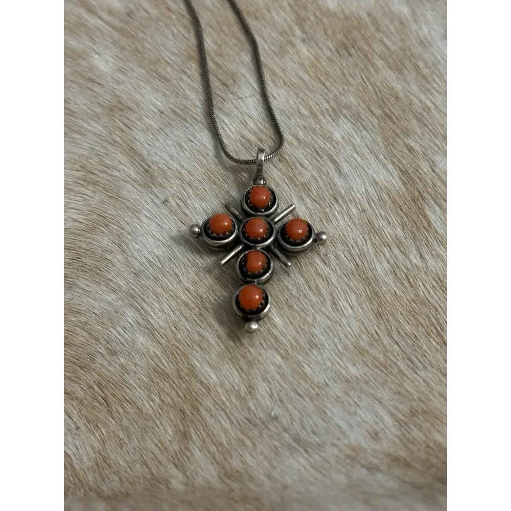 Native American Sterling Silver Turquoise Red Coral Reversible Cross Pendant 925